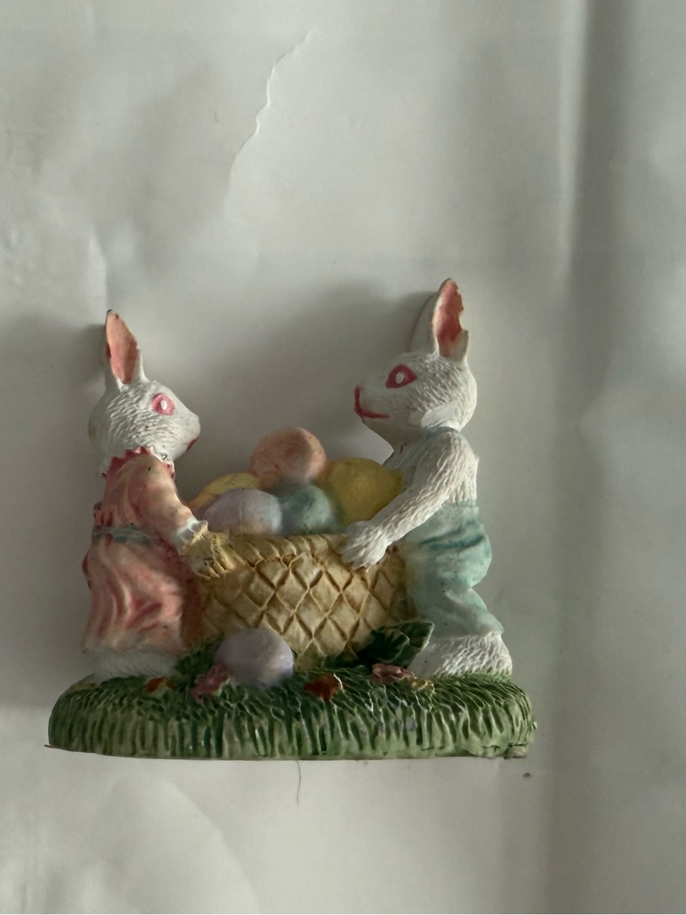 Vintage Decorative Easter Bunny Basket Figurine - White, Pink, Green